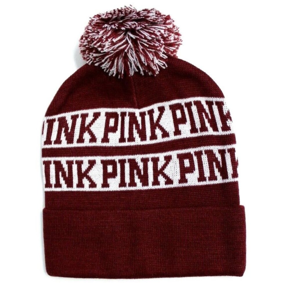 Victoria's Secret PINK Nation Pom Pom Knit Beanie Maroon
